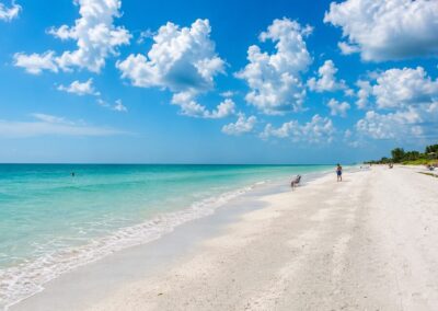 White sand beach and turquoise Gulf waters at Indian Rocks Beach.