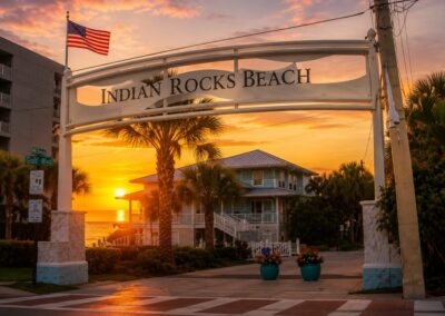 Indian Rocks Beach entrance sign at sunset.